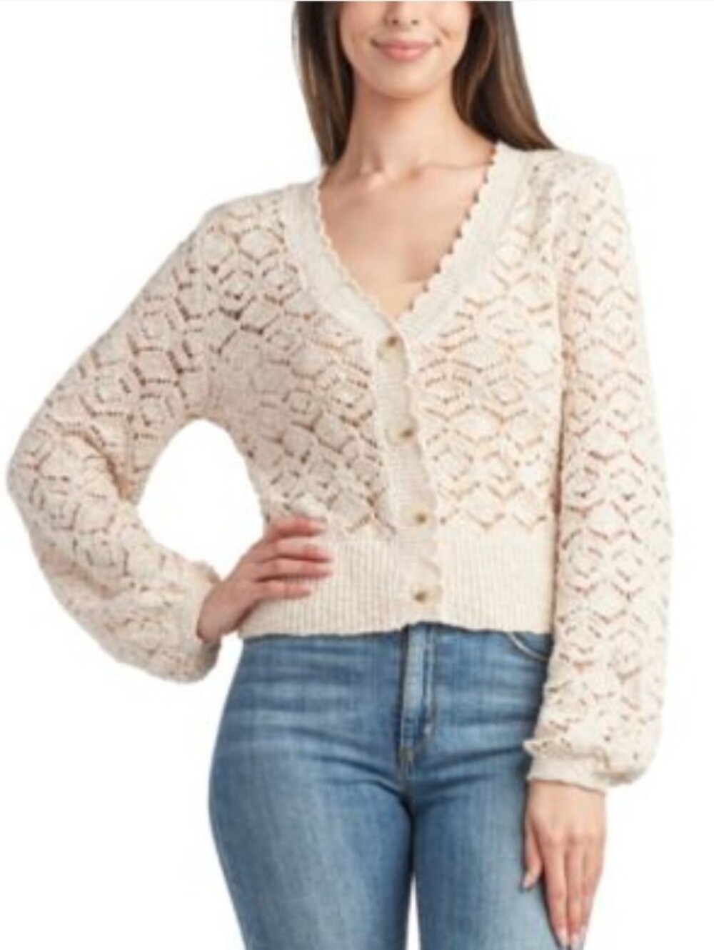 BCX Open-Knit V-Neck Button Front Long Sleeve Cardigan Sweater - CreamSZ M